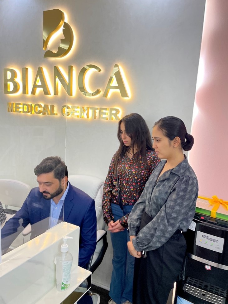 The Stella team clarifying questions from the office staff at the Bianca Medical Center in Al Ain, one of Equinox's very first customers.